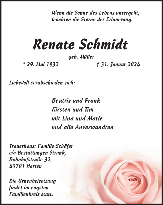 Traueranzeige von Renate Schmidt von Medienhaus Bauer