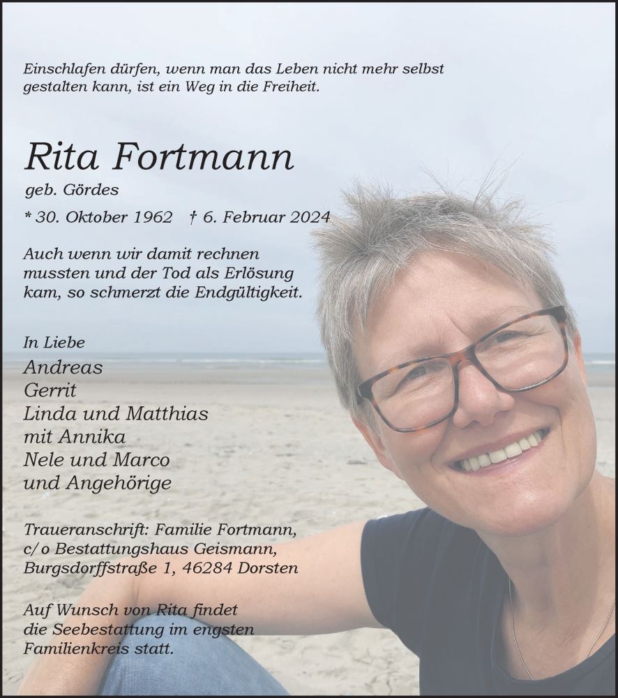  Traueranzeige für Rita Fortmann vom 10.02.2024 aus Ruhr Nachrichten und Dorstener Zeitung