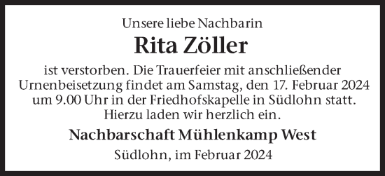 Traueranzeige von Rita Zöller von Münstersche Zeitung und Münsterland Zeitung