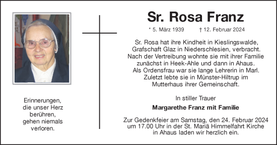 Traueranzeige von Rosa Franz von Münstersche Zeitung und Münsterland Zeitung