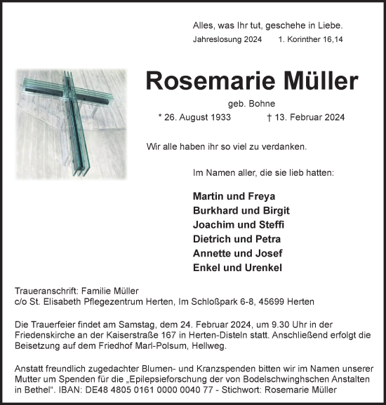 Traueranzeige von Rosemarie Müller von Medienhaus Bauer
