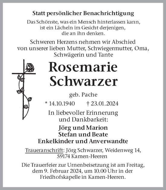 Traueranzeige von Rosemarie Schwarzer von Hellweger Anzeiger