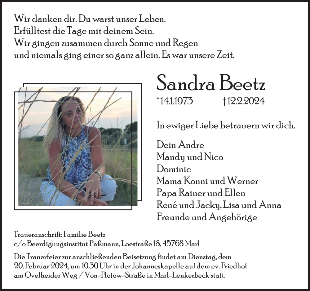  Traueranzeige für Sandra Beetz vom 17.02.2024 aus Medienhaus Bauer