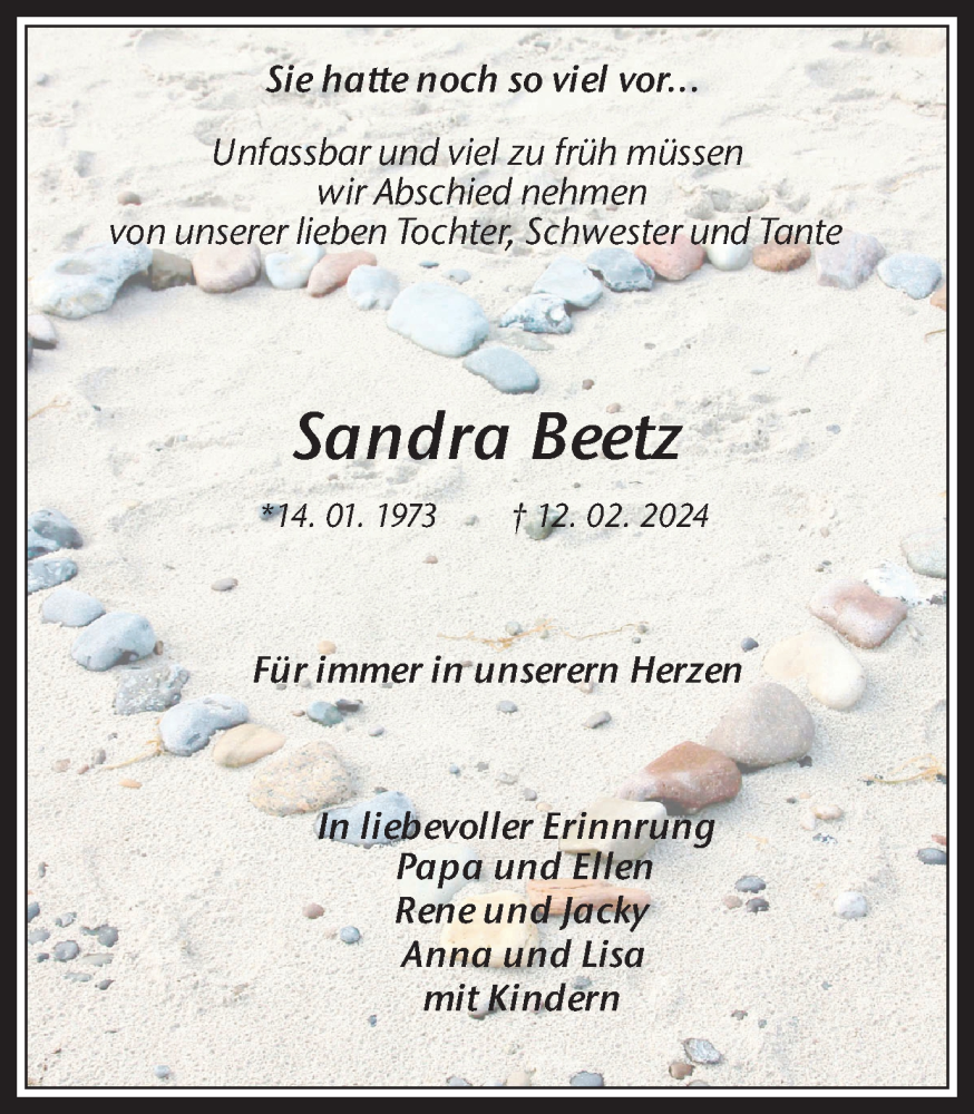  Traueranzeige für Sandra Beetz vom 14.02.2024 aus Medienhaus Bauer
