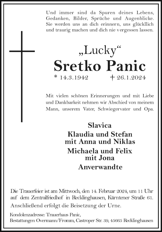 Traueranzeige von Sretko Panic von Medienhaus Bauer