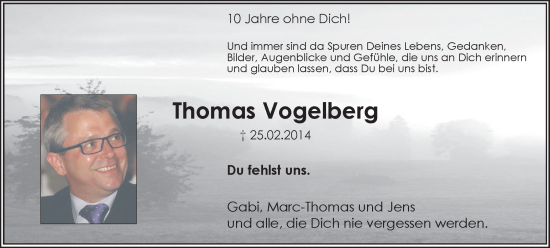 Traueranzeige von Thomas Vogelberg von Hellweger Anzeiger