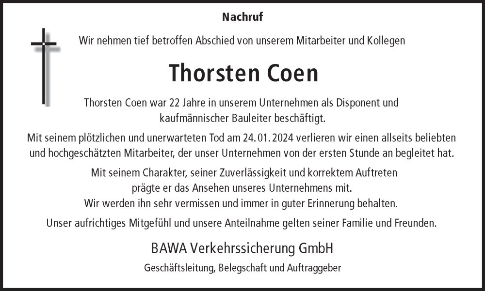  Traueranzeige für Thorsten Coen vom 07.02.2024 aus Ruhr Nachrichten und Dorstener Zeitung