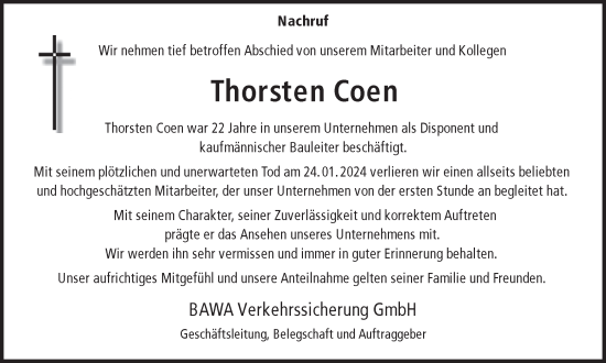 Traueranzeige von Thorsten Coen von Ruhr Nachrichten und Dorstener Zeitung