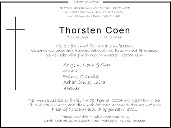 Traueranzeige von Thorsten Coen von Ruhr Nachrichten und Dorstener Zeitung