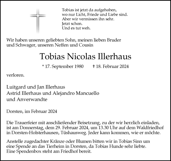 Traueranzeige von Tobias Nicolas Illerhaus von Ruhr Nachrichten und Dorstener Zeitung