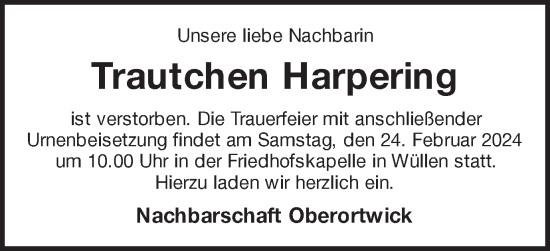 Traueranzeige von Trautchen Harpering von Münstersche Zeitung und Münsterland Zeitung