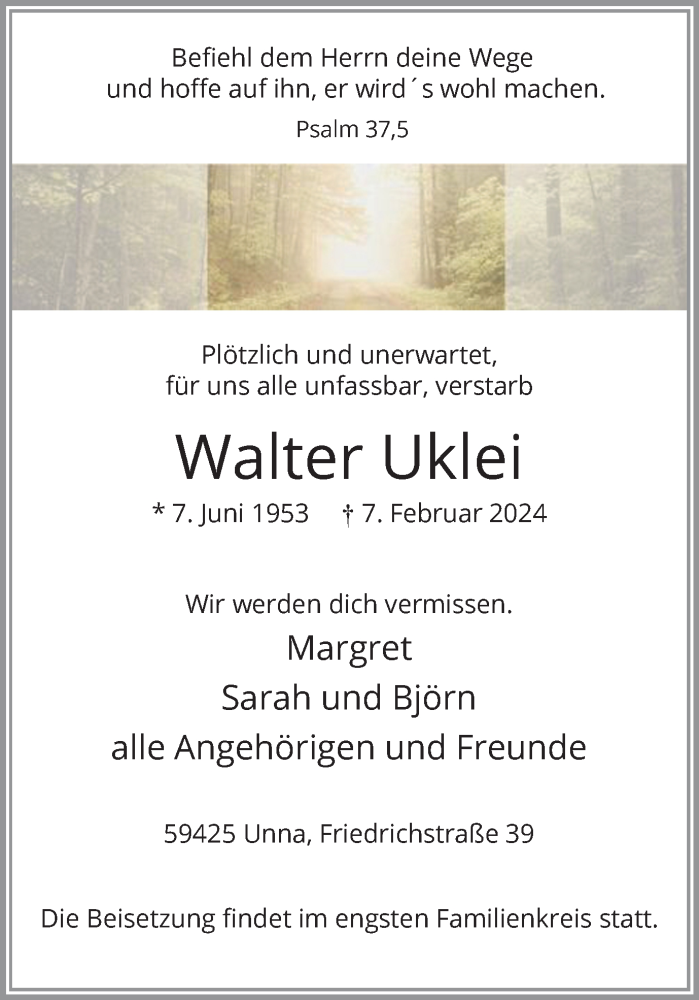  Traueranzeige für Walter Uklei vom 10.02.2024 aus Hellweger Anzeiger