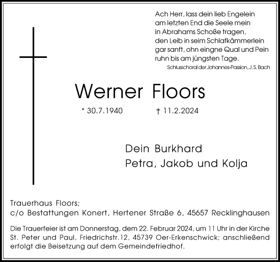 Traueranzeige von Werner Floors von Medienhaus Bauer