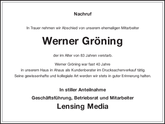 Traueranzeige von Werner Gröning von Münstersche Zeitung und Münsterland Zeitung