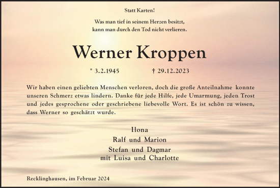 Traueranzeige von Werner Kroppen von Medienhaus Bauer