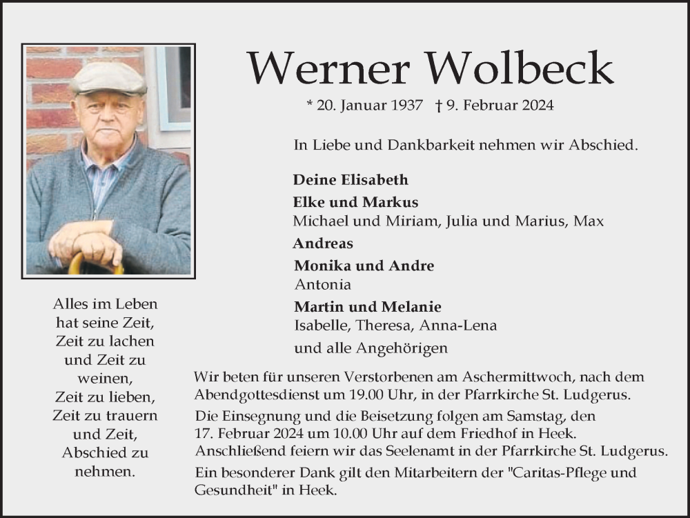  Traueranzeige für Werner Wolbeck vom 13.02.2024 aus Münstersche Zeitung und Münsterland Zeitung