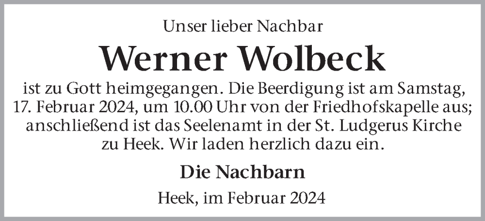  Traueranzeige für Werner Wolbeck vom 15.02.2024 aus Münstersche Zeitung und Münsterland Zeitung