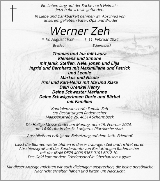 Traueranzeige von Werner Zeh von Ruhr Nachrichten und Dorstener Zeitung