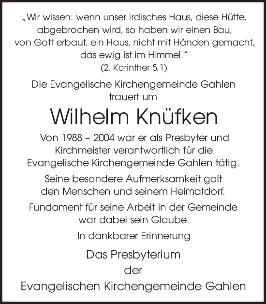 Traueranzeige von Wilhelm Knüfken von Ruhr Nachrichten und Dorstener Zeitung