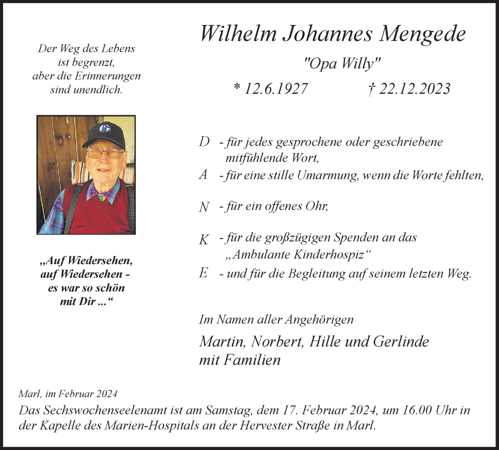  Traueranzeige für Wilhelm Johannes Mengede vom 10.02.2024 aus Medienhaus Bauer