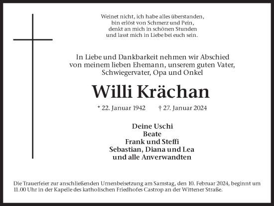 Traueranzeige von Willi Krächan 