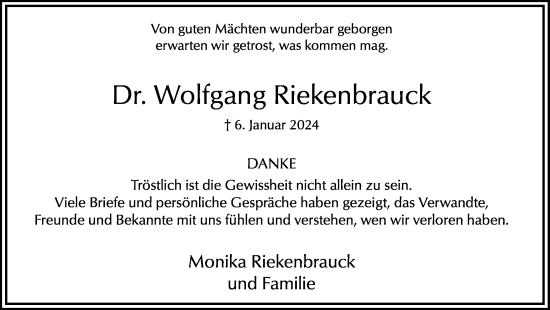 Traueranzeige von Wolfgang Riekenbrauck von Hellweger Anzeiger