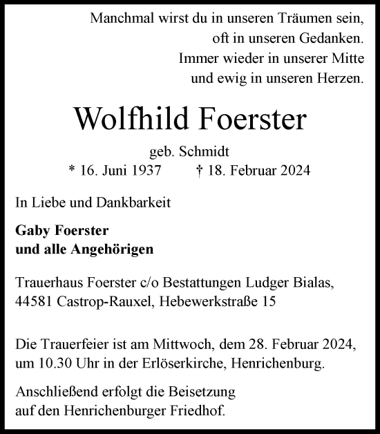 Traueranzeige von Wolfhild Foerster von Ruhr Nachrichten