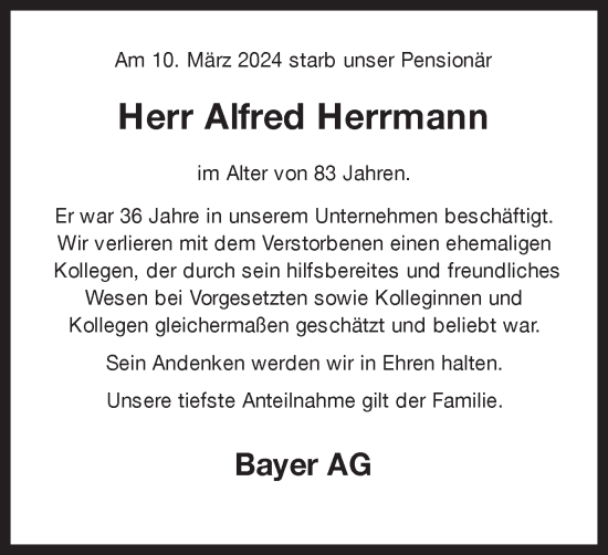 Traueranzeige von Alfred Herrmann von Hellweger Anzeiger