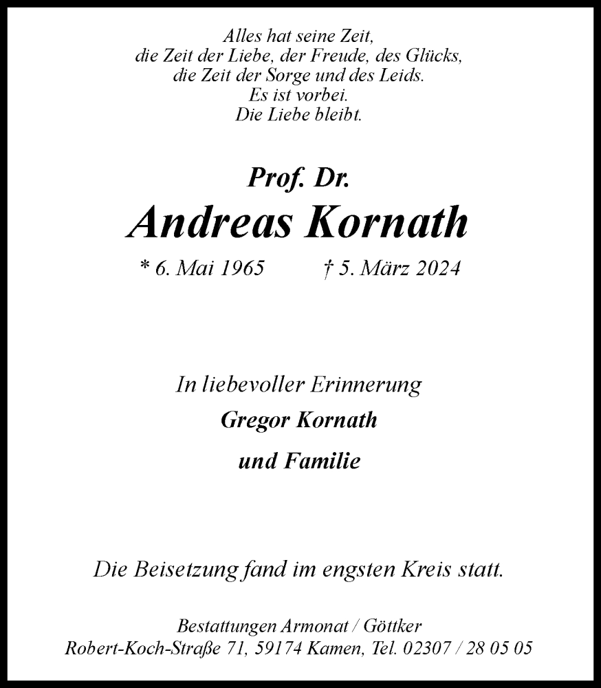  Traueranzeige für Andreas Kornath vom 16.03.2024 aus Hellweger Anzeiger