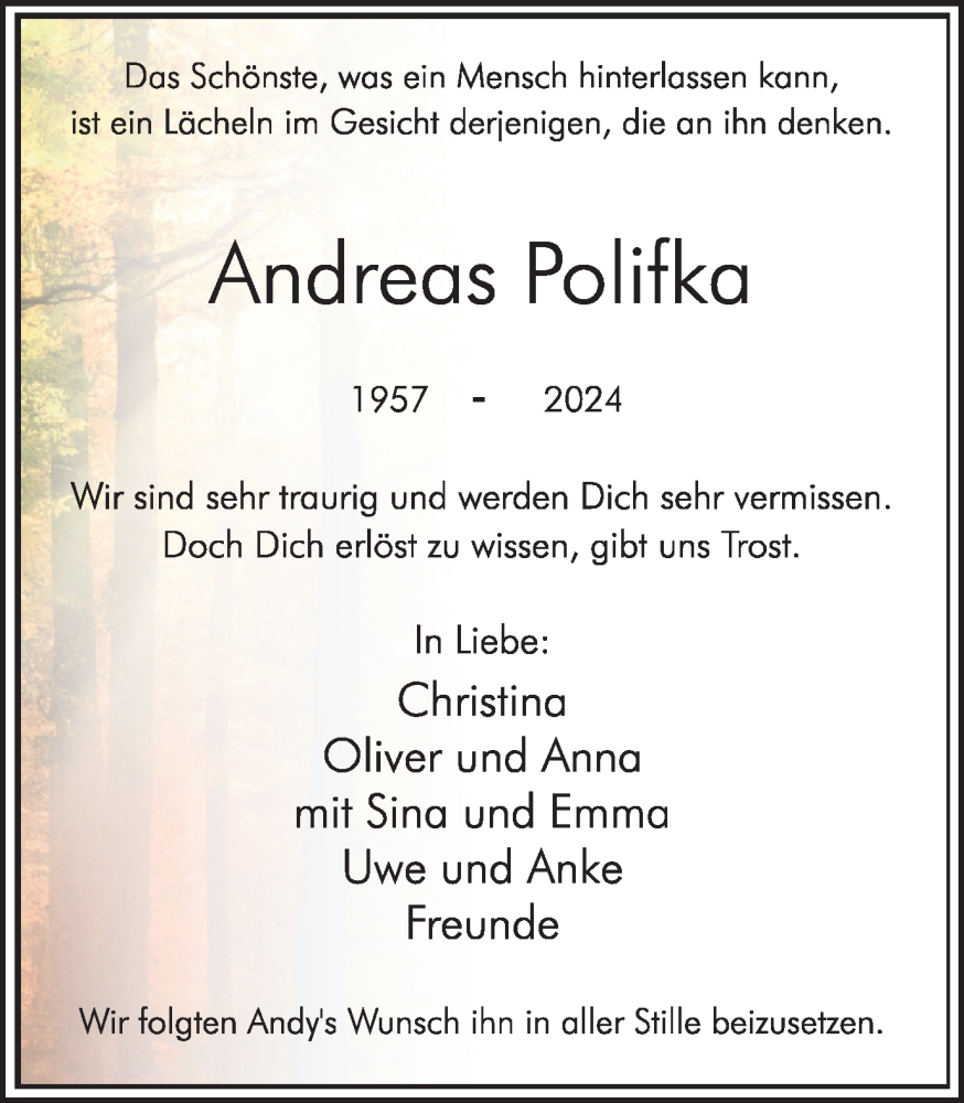  Traueranzeige für Andreas Polifka vom 16.03.2024 aus Hellweger Anzeiger