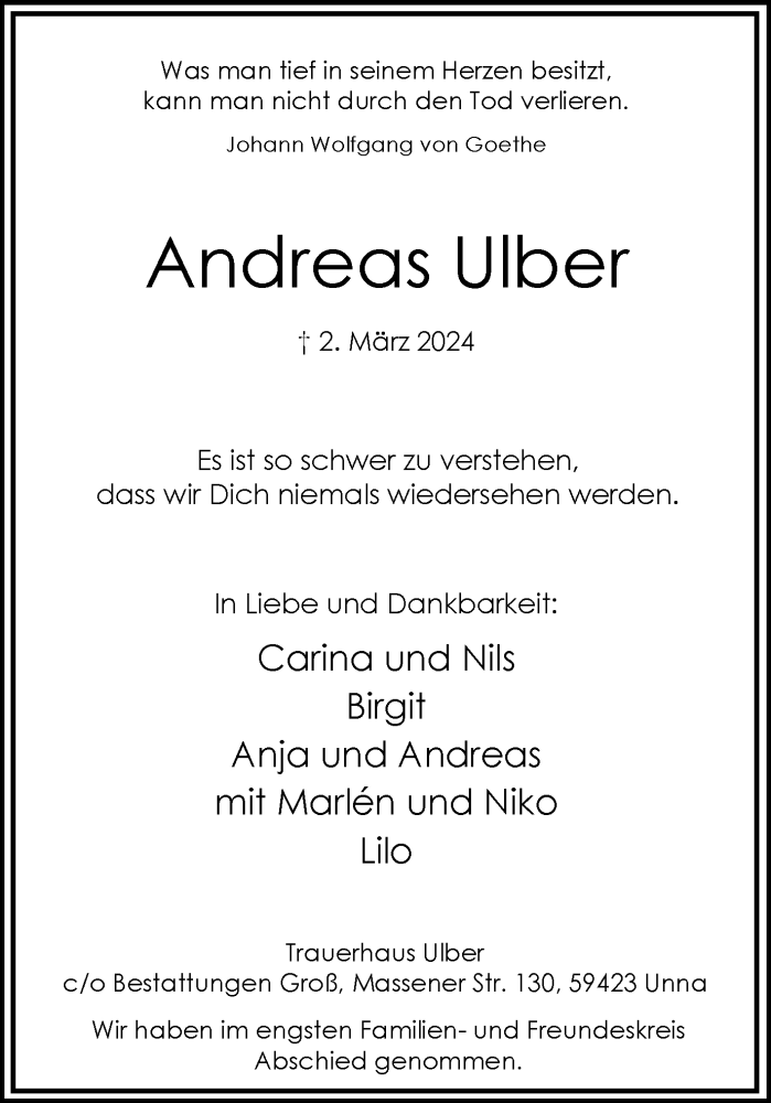  Traueranzeige für Andreas Ulber vom 16.03.2024 aus Hellweger Anzeiger