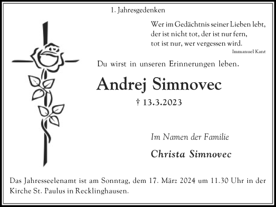 Traueranzeige von Andrej Simnovec von Medienhaus Bauer