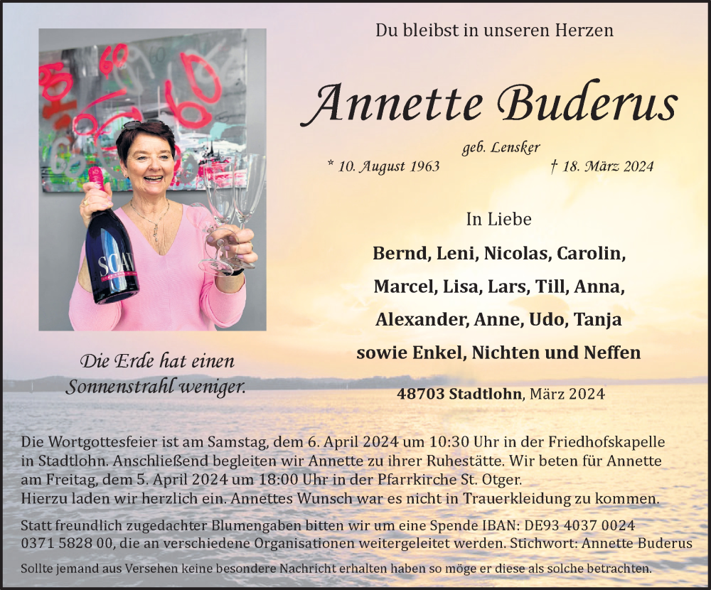  Traueranzeige für Annette Buderus vom 30.03.2024 aus Münsterland Zeitung