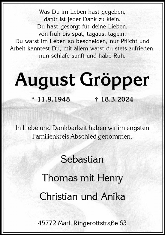 Traueranzeige von August Gröpper von Medienhaus Bauer