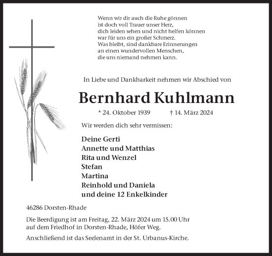 Traueranzeige von Bernhard Kuhlmann von Ruhr Nachrichten und Dorstener Zeitung