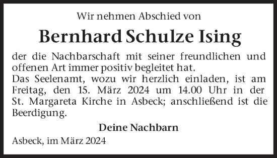 Traueranzeige von Bernhard Schulze Ising von Münsterland Zeitung