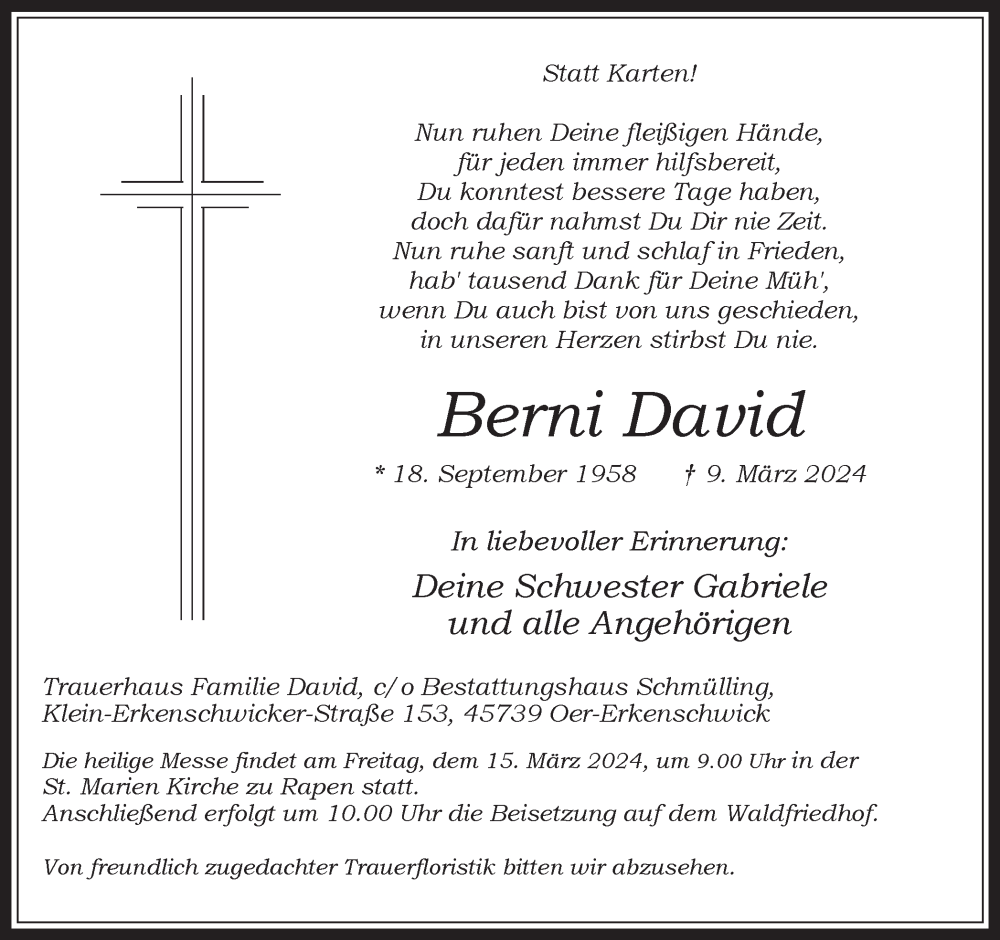  Traueranzeige für Berni David vom 13.03.2024 aus Medienhaus Bauer
