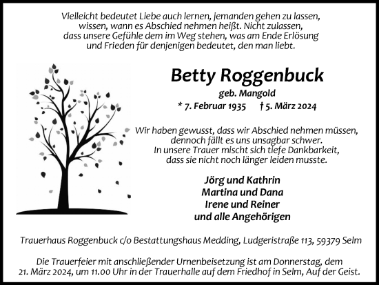 Traueranzeige von Betty Roggenbuck von Ruhr Nachrichten
