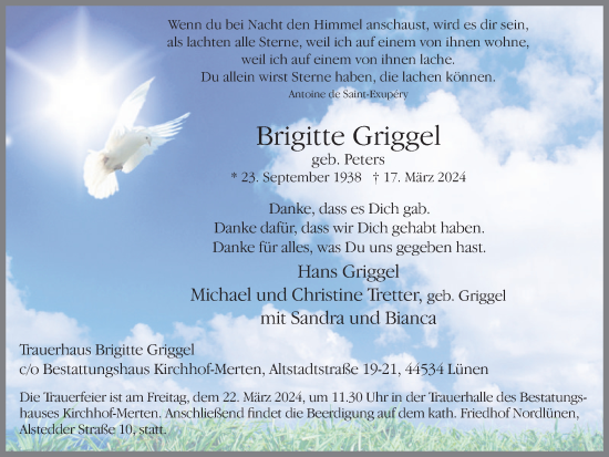 Traueranzeige von Brigitte Griggel von Ruhr Nachrichten