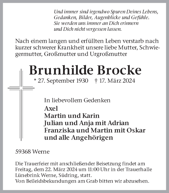Traueranzeige von Brunhilde Brocke von Ruhr Nachrichten