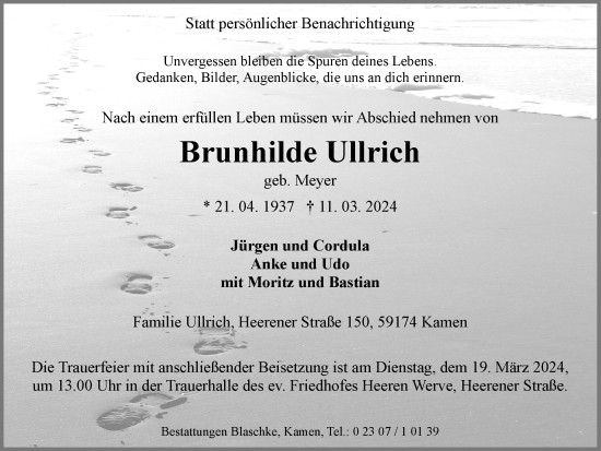Traueranzeige von Brunhilde Ullrich von Hellweger Anzeiger
