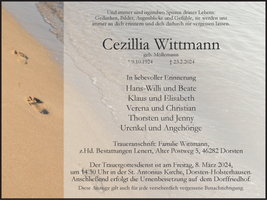 Traueranzeige von Cezillia Wittmann von Ruhr Nachrichten und Dorstener Zeitung