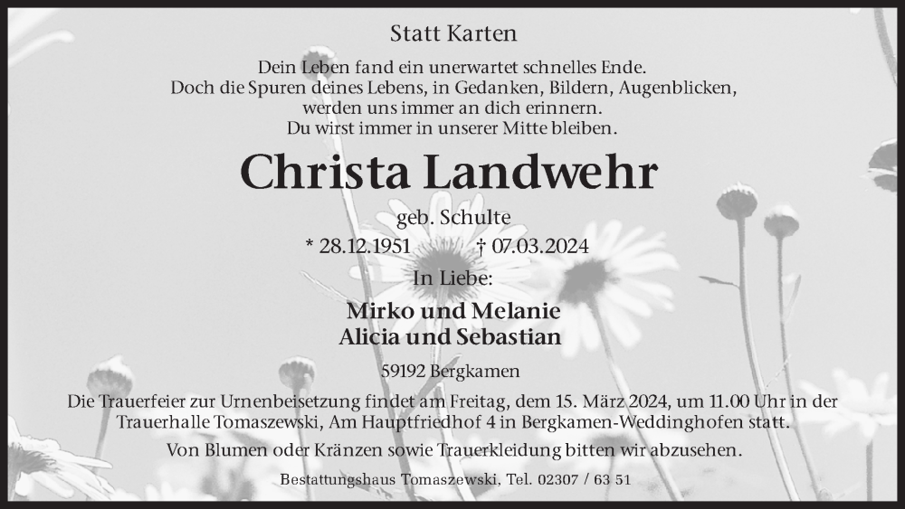  Traueranzeige für Christa Landwehr vom 09.03.2024 aus Hellweger Anzeiger