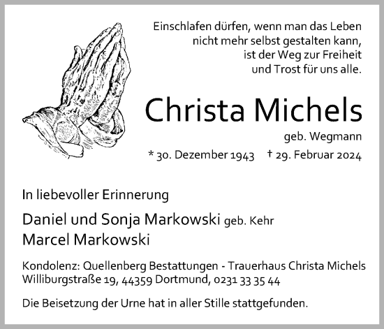 Traueranzeige von Christa Michels 