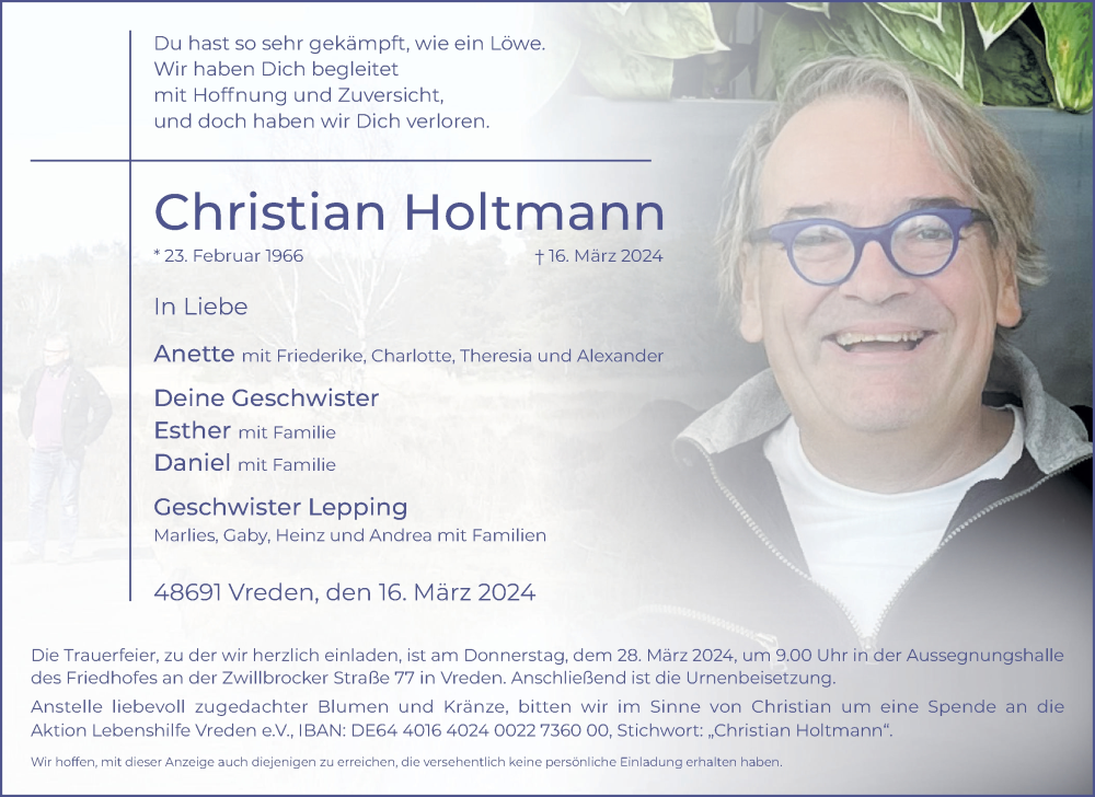  Traueranzeige für Christian Holtmann vom 23.03.2024 aus Münsterland Zeitung