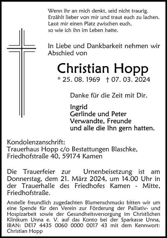 Traueranzeige von Christian Hopp von Hellweger Anzeiger