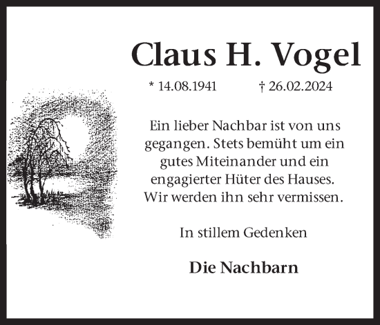 Traueranzeige von Claus Vogel von Ruhr Nachrichten und Dorstener Zeitung