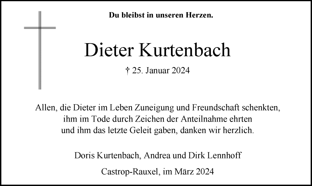  Traueranzeige für Dieter Kurtenbach vom 02.03.2024 aus 