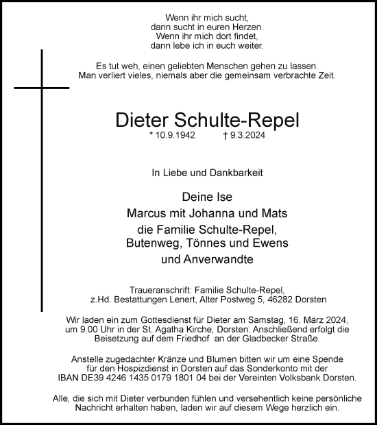 Traueranzeige von Dieter Schulte-Repel von Ruhr Nachrichten und Dorstener Zeitung
