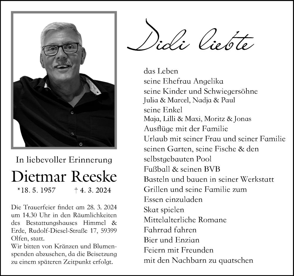  Traueranzeige für Dietmar Reeske vom 09.03.2024 aus Ruhr Nachrichten